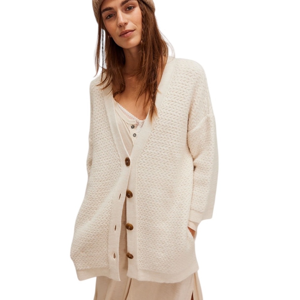 NEW Free People Women's Herringbone Stitch Kimono Cardigan Oversized Sweater M